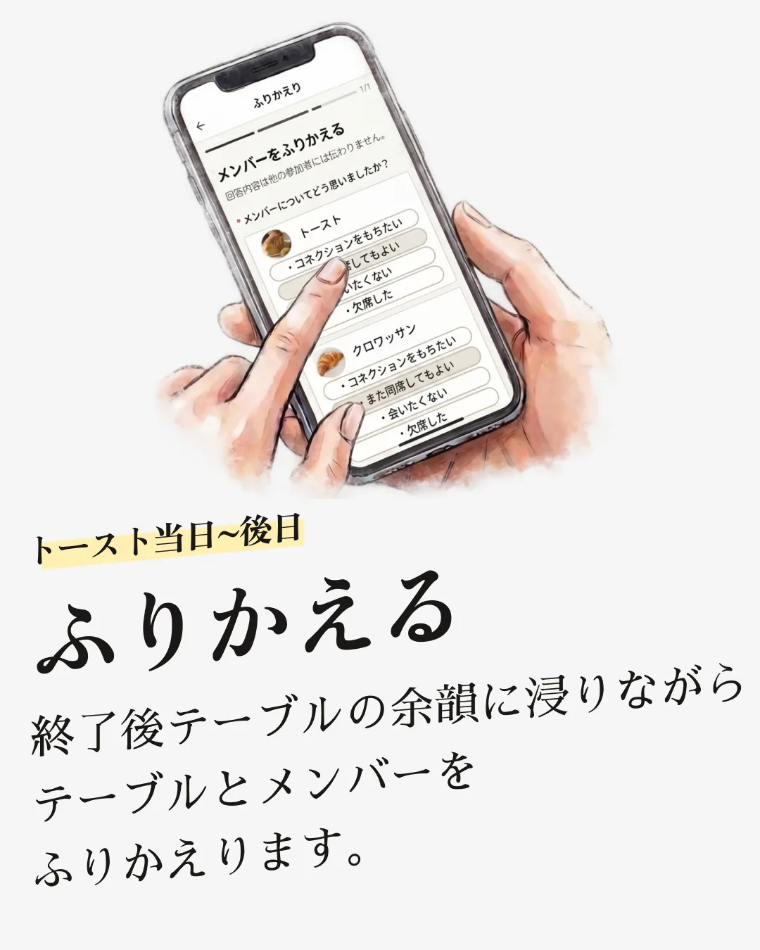 「トースト当日〜後日 / ふりかえる」— 終了後テーブルの余韻に浸りながらテーブルとメンバーをふりかえる機能